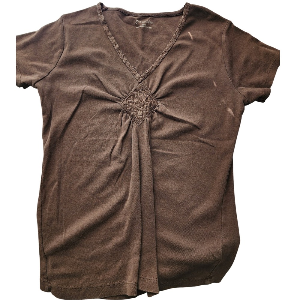 St John's Bay Womens‎ Brown Short Sleeve V-Neck Top Casual Fall Layering